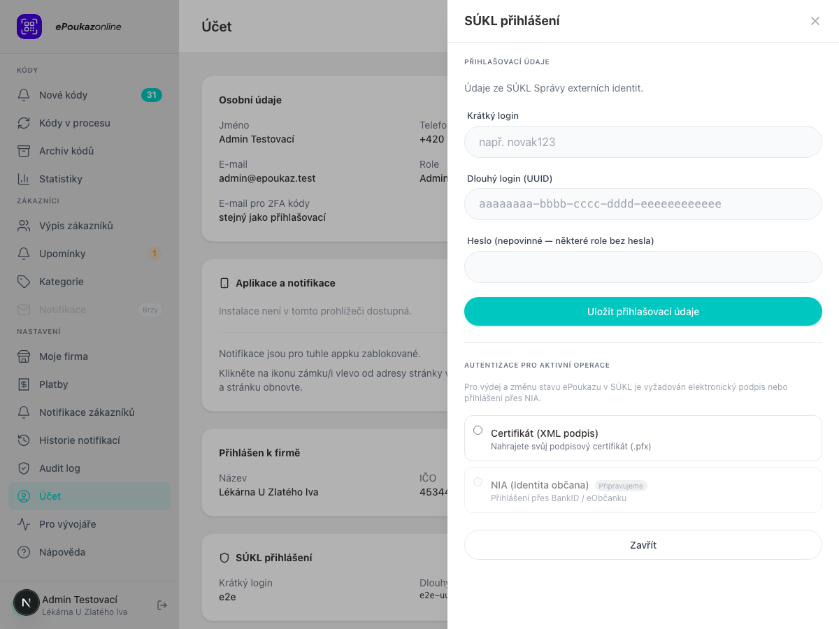 Panel SÚKL přihlášení v Účtu — přihlašovací údaje a volba autentizace certifikátem nebo NIA