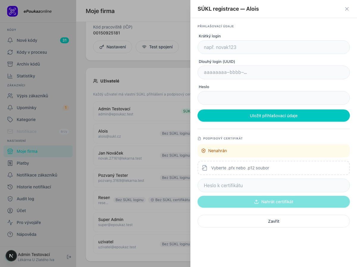 Panel SÚKL registrace uživatele — přihlašovací údaje a podpisový certifikát